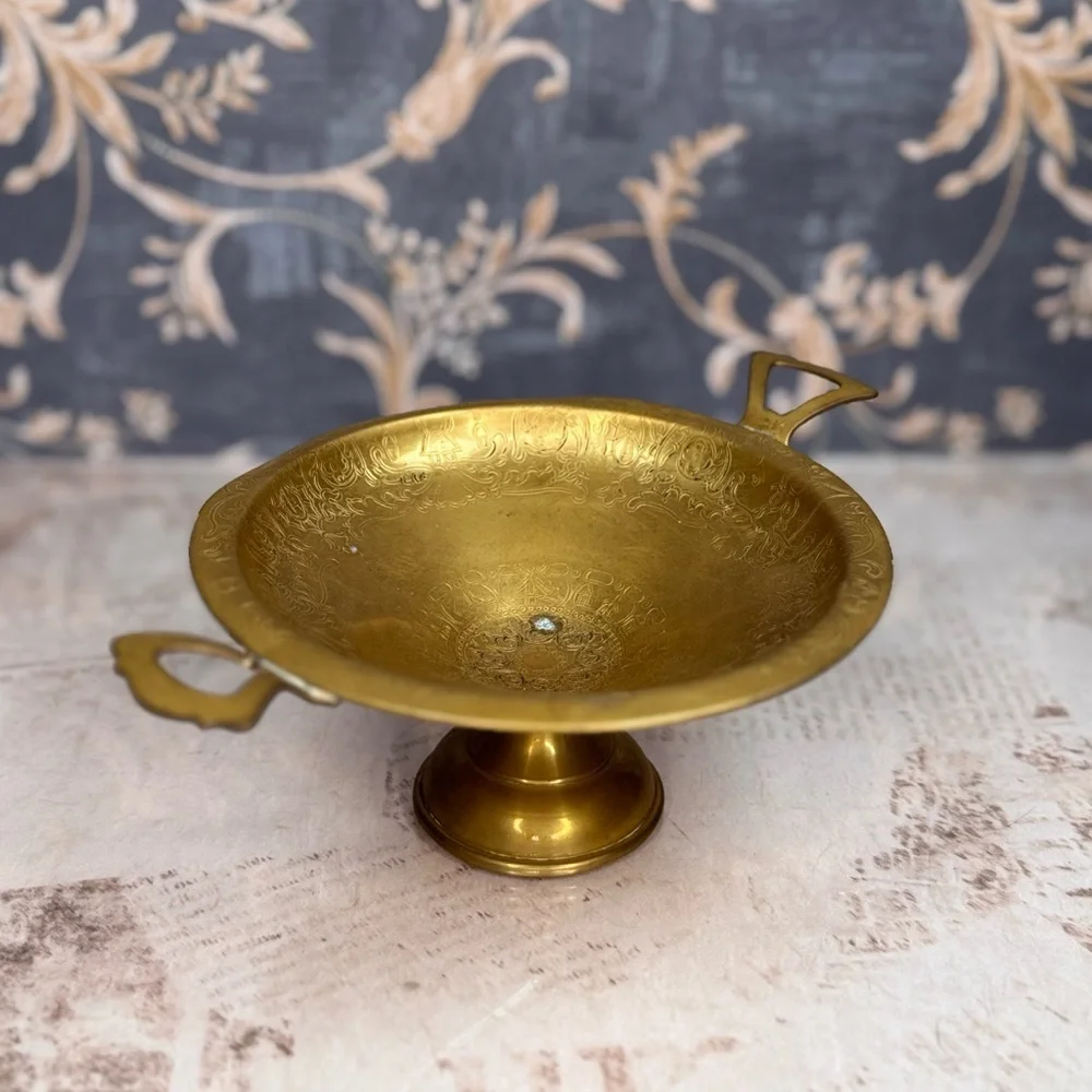 Antique Style Brass Pedestal Bowl w Handles Etched Footed Dish